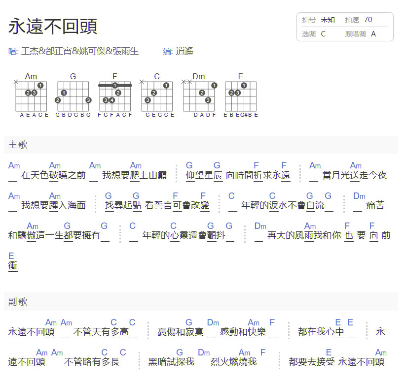 永远不回头 吉他谱
