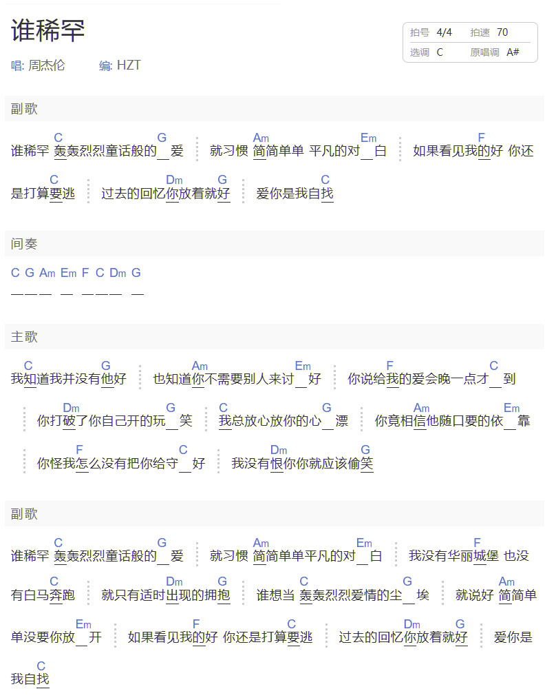谁稀罕 吉他谱