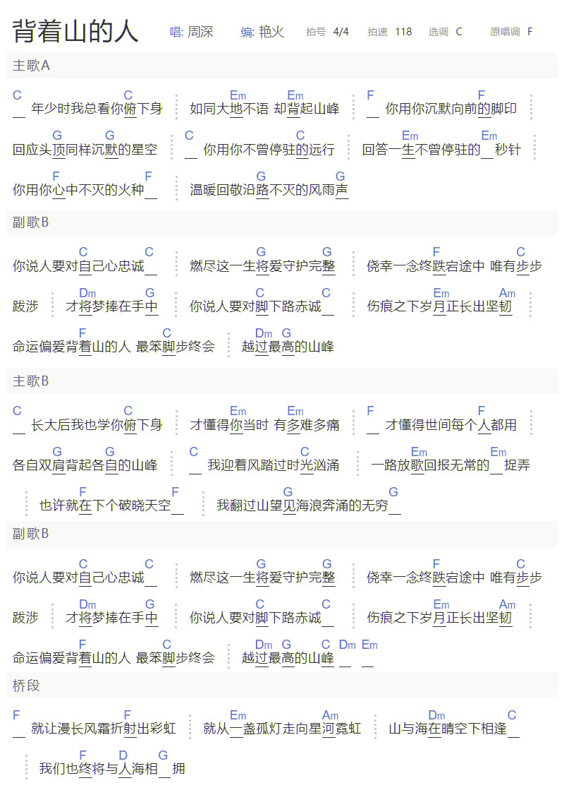 背着山的人 吉他谱